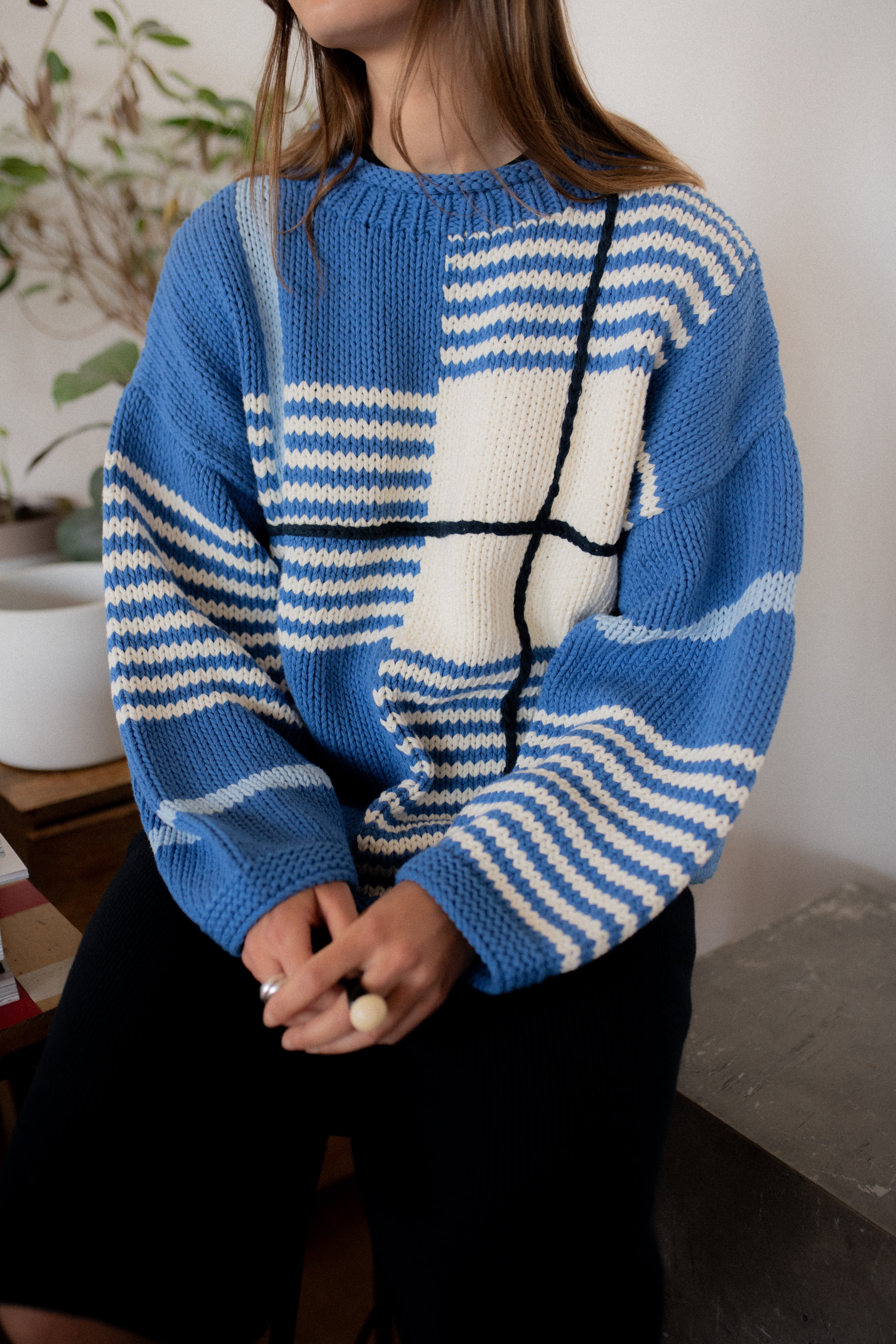 Checked Handknit Jumper - Blue