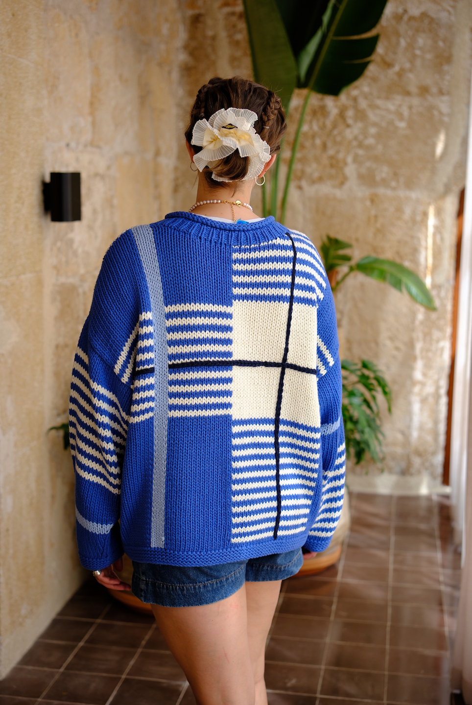 Checked Handknit Jumper - Blue