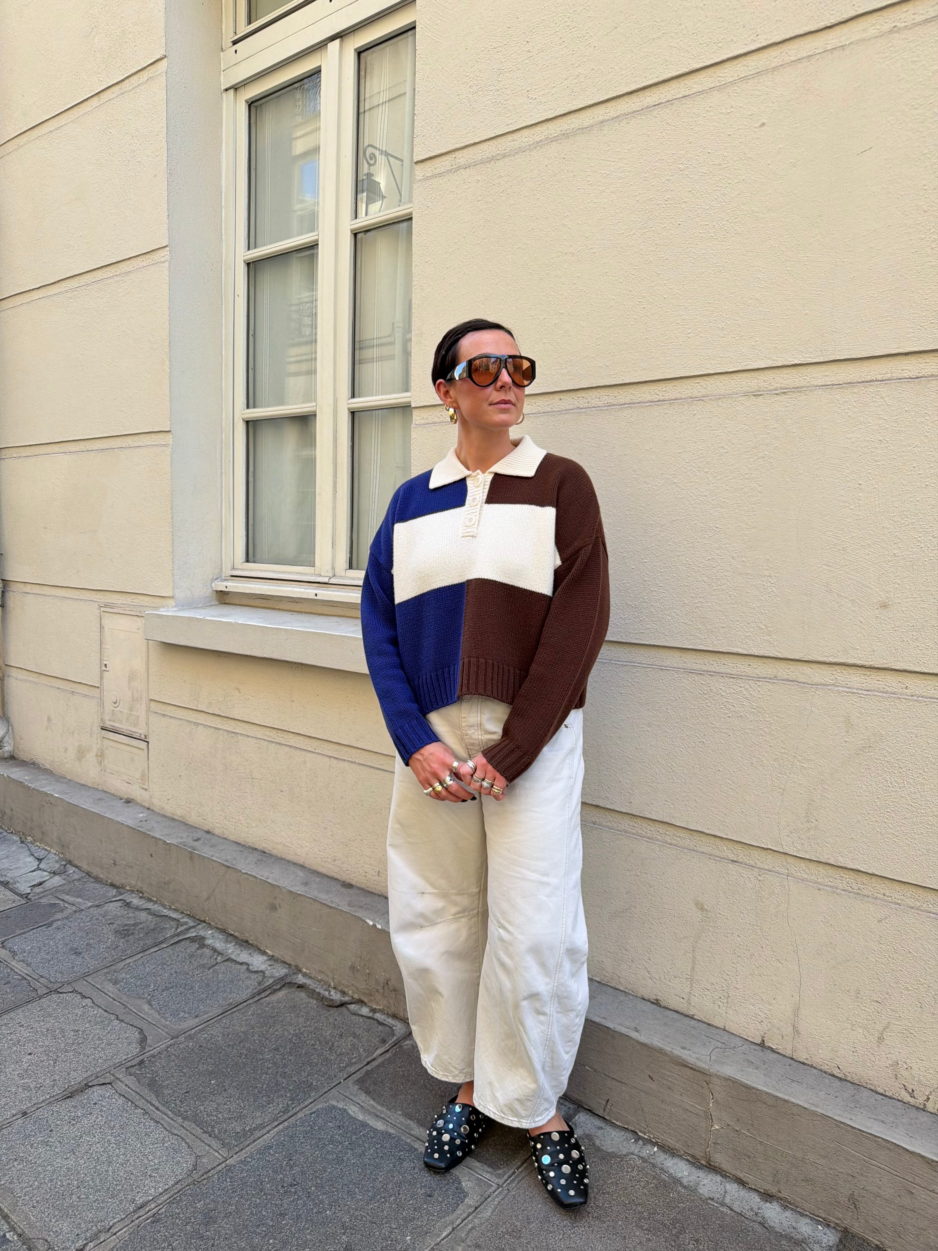 Rugby Merino Wool Top - Blue / Ecru / Dark Brown