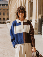 Rugby Merino Wool Top - Blue / Ecru / Dark Brown