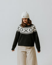 XOXO Merino Wool Yoke Fair Isle Jumper - Black Marl/Cream