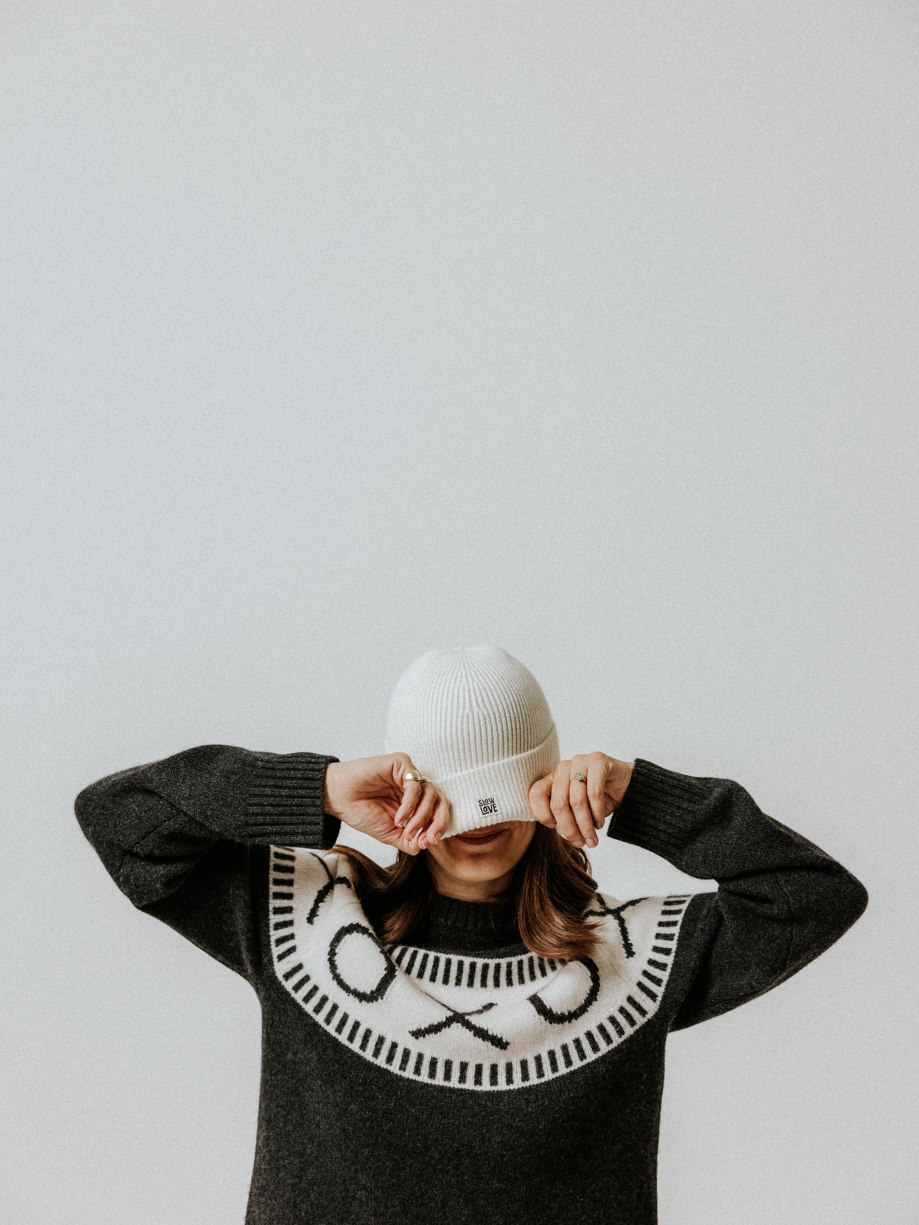 XOXO Merino Wool Yoke Fair Isle Jumper - Black Marl/Cream