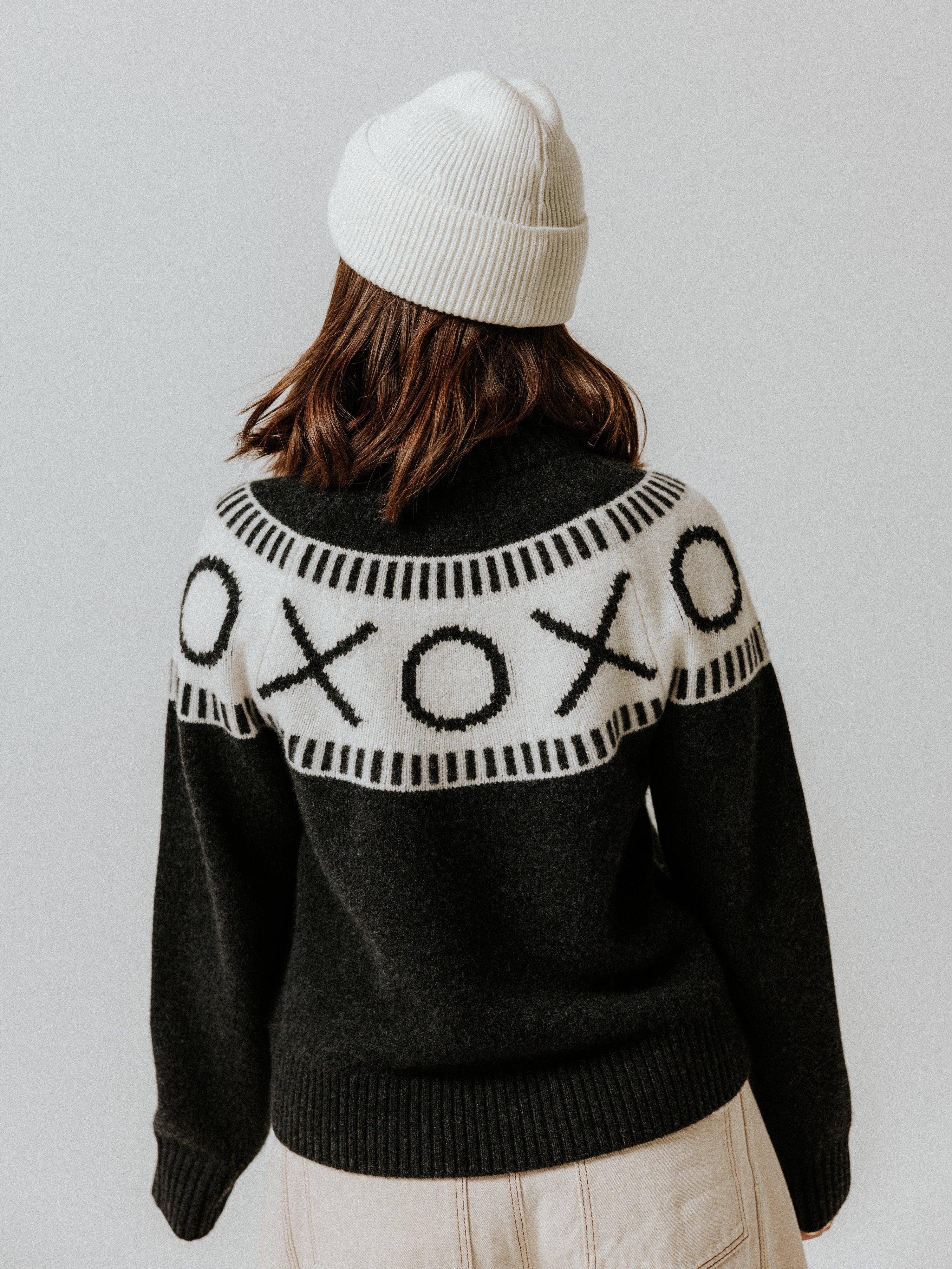 XOXO Merino Wool Yoke Fair Isle Jumper - Black Marl/Cream