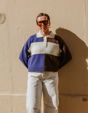 Rugby Merino Wool Top - Blue / Ecru / Dark Brown