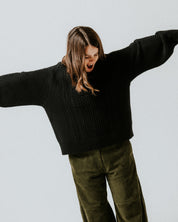 Boxy Black Aran Jumper with slightly ballooned sleeves in 100% cotton