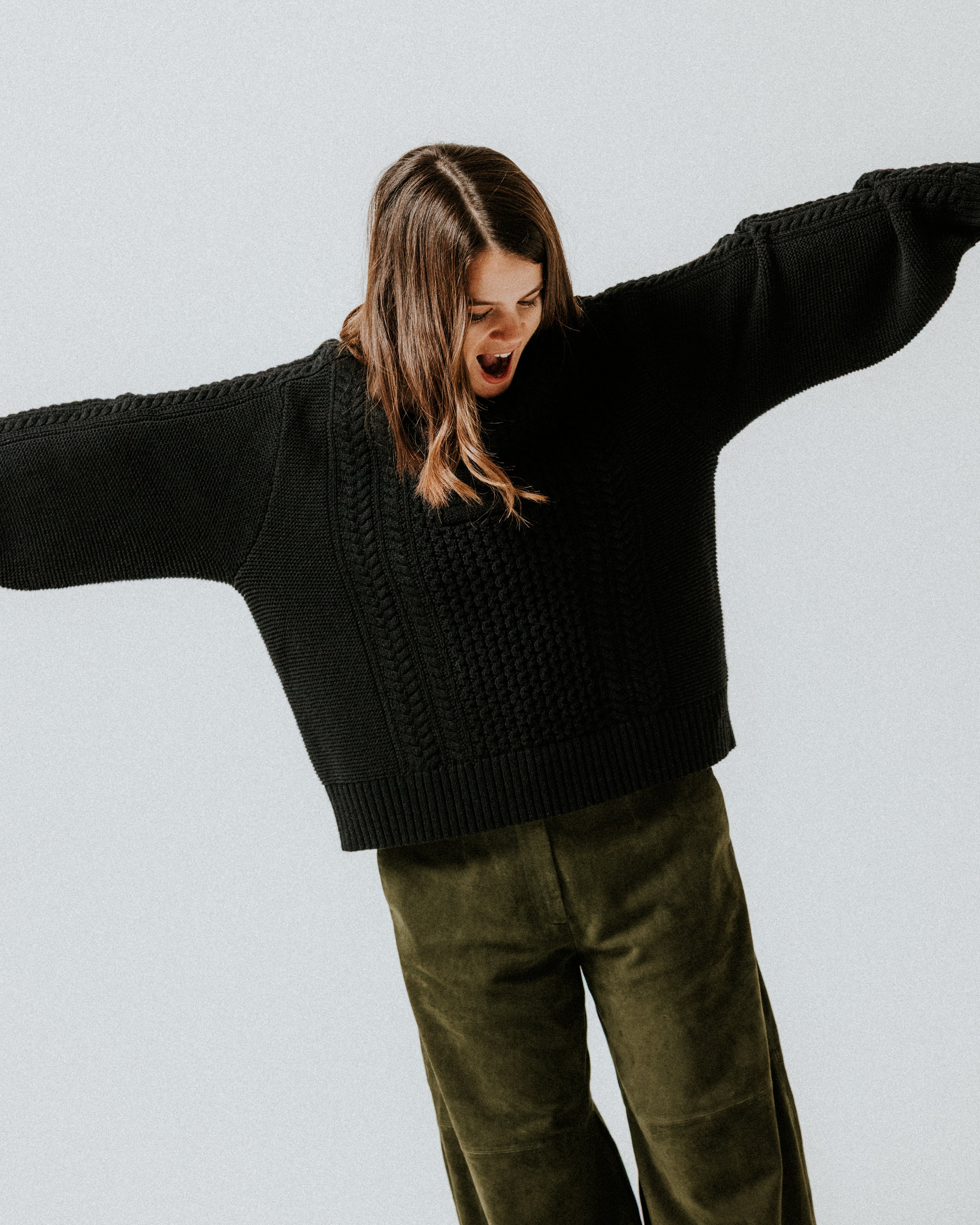 Boxy Black Aran Jumper with slightly ballooned sleeves in 100% cotton