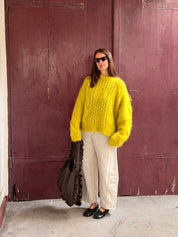Bright chartreuse cropped Aran jumper in mohair and wool with SL detailing