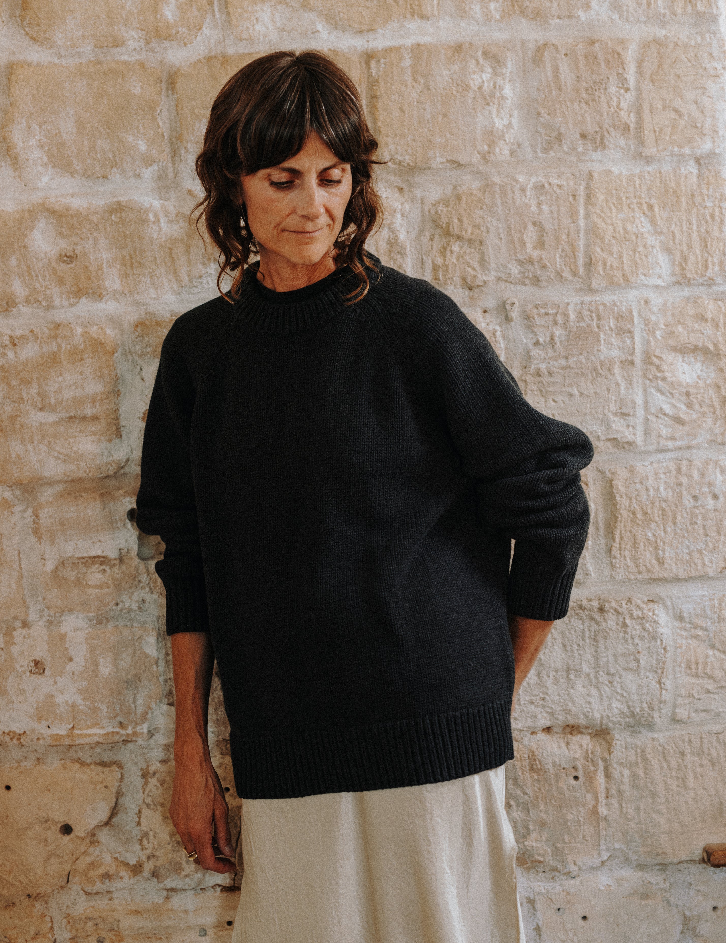 Close-up of the premium 100% cotton knit on the Charcoal Staple Crew Jumper
