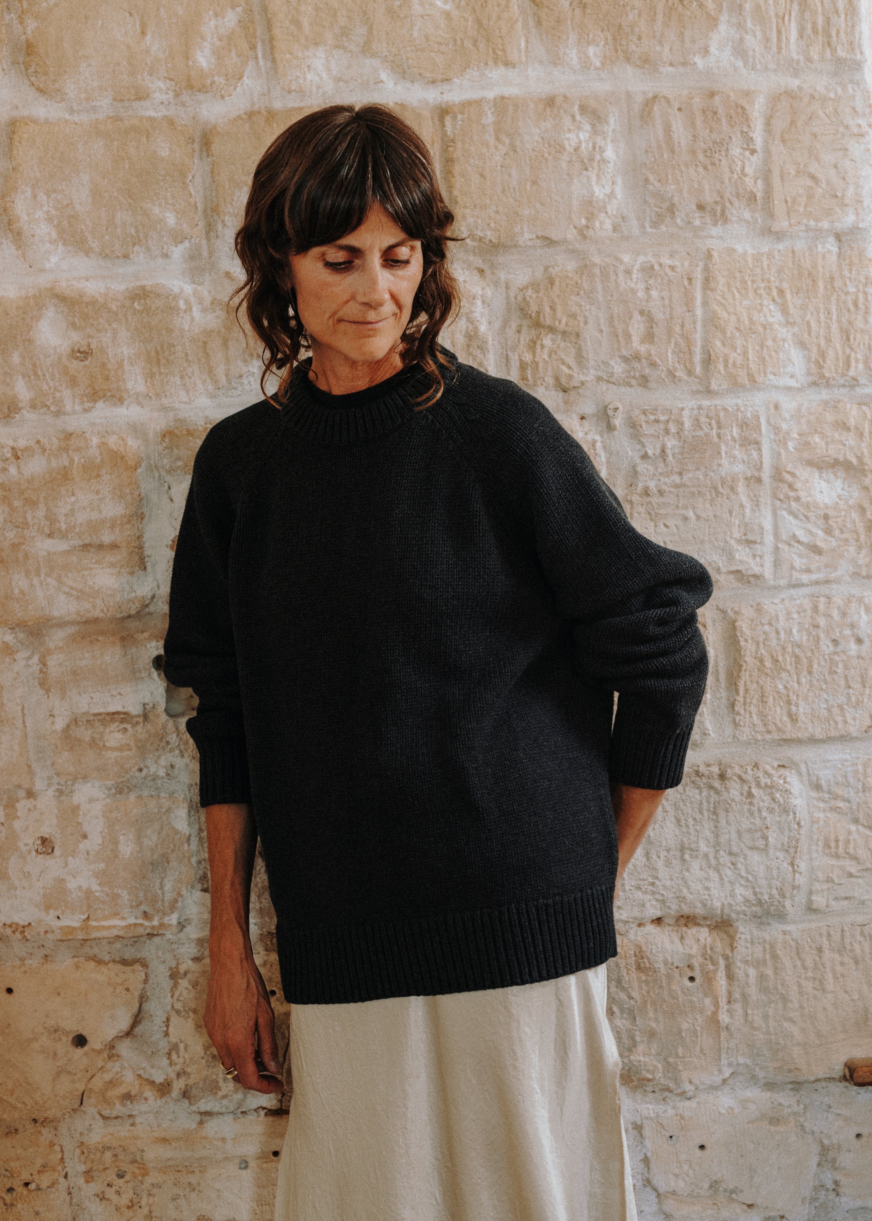Close-up of the premium 100% cotton knit on the Charcoal Staple Crew Jumper