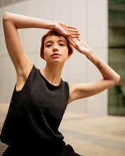 Charcoal Staple Tank by The Slow Love, designed with fully fashioned dropped armholes, self-roll trims and a relaxed boxy silhouette.