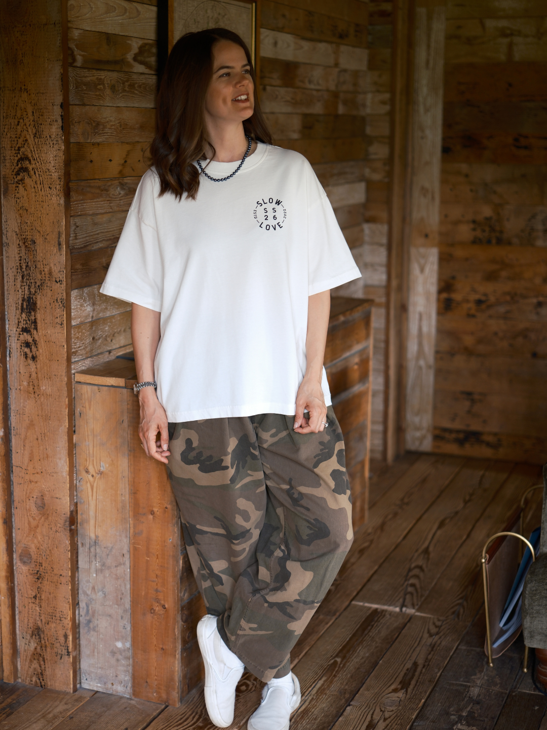 Compass oversized boxy t-shirt in off white by Slow Love Knitwear made from heavyweight organic cotton, front view.