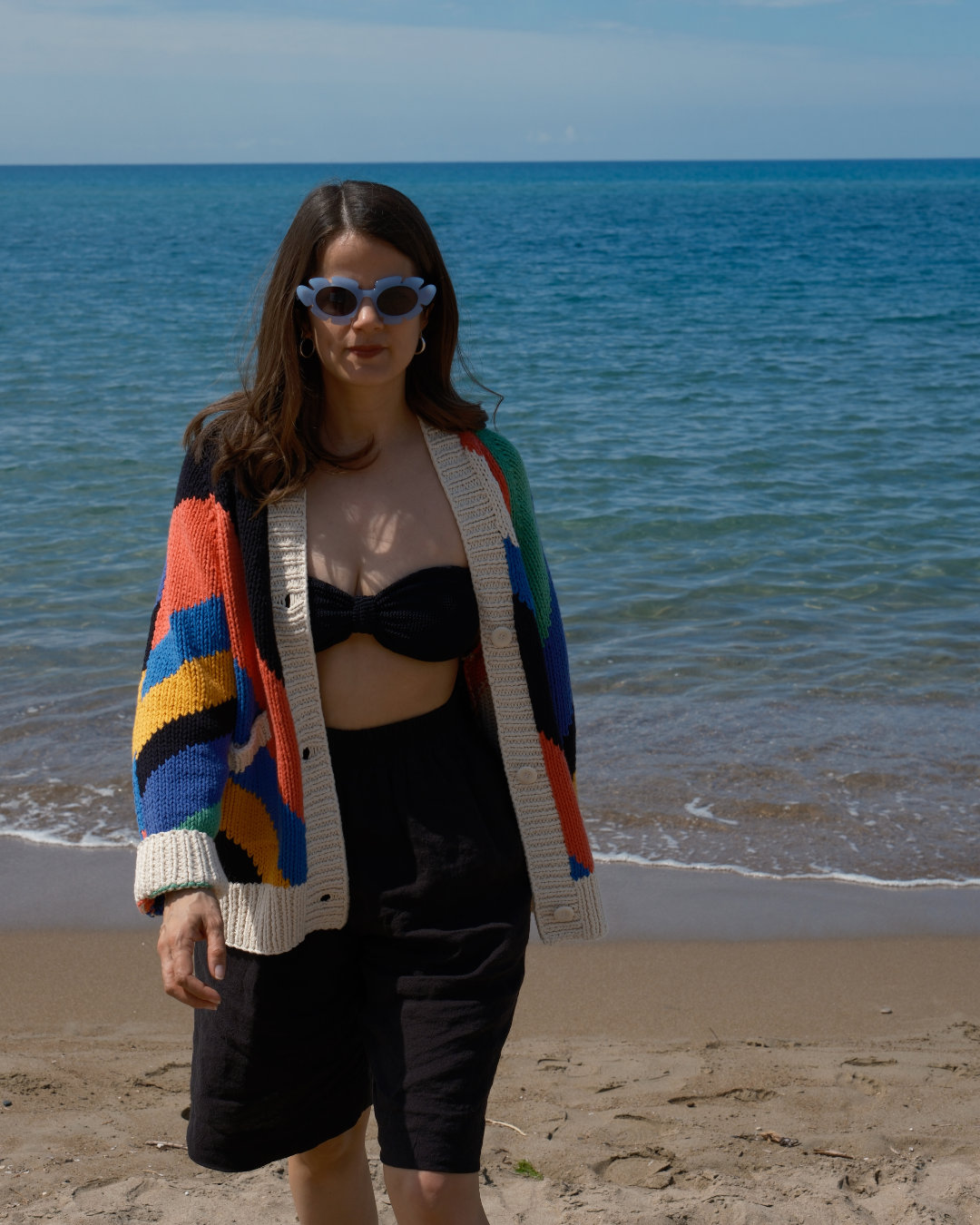 Women’s 100% cotton hand knit cardigan with colourful diagonal stripe detailing