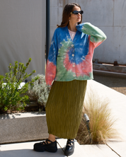 Women’s mid-weight cotton tie dye cardigan with soft washed multicolour finish