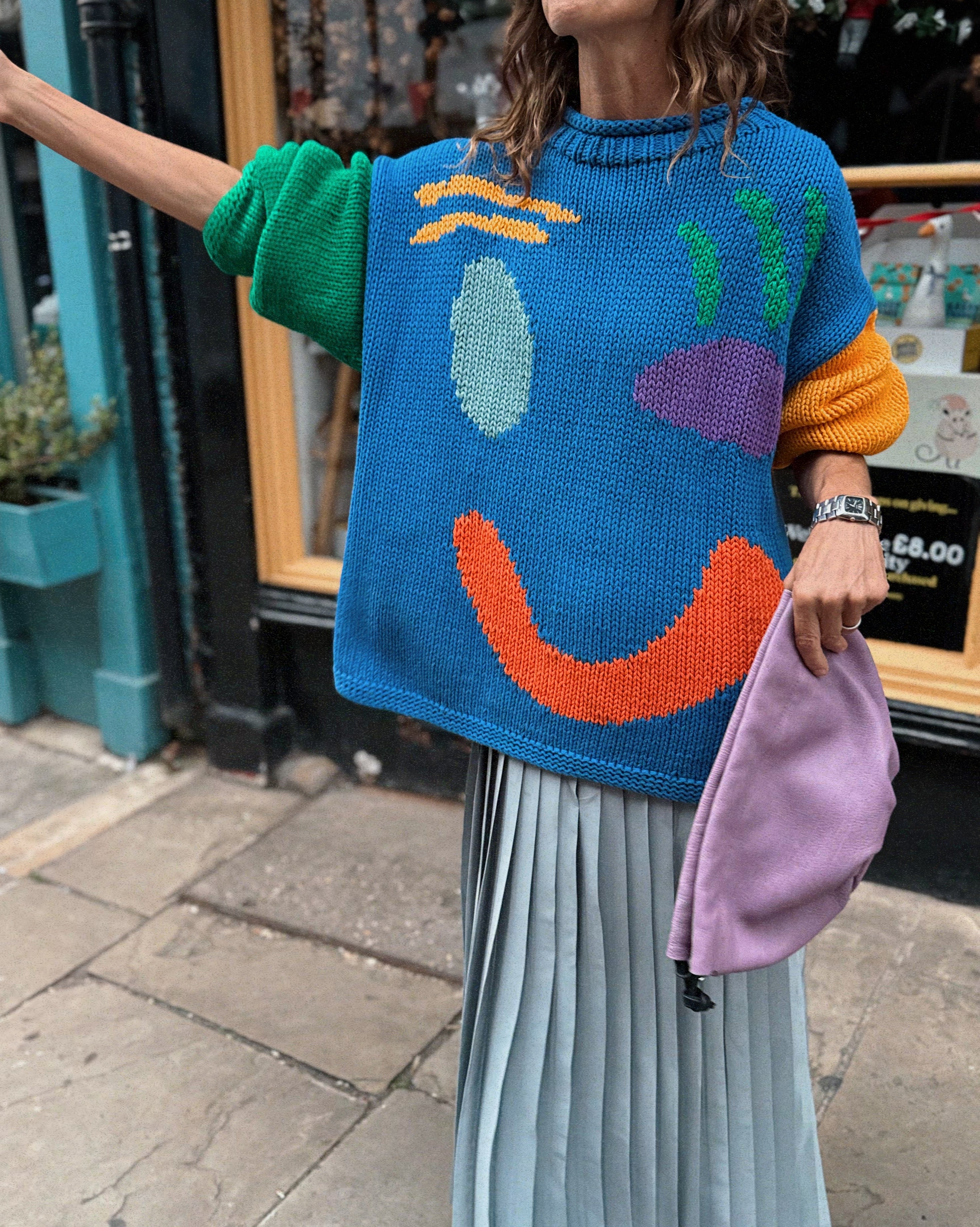 Feel Good hand knit jumper multicoloured colour block front view