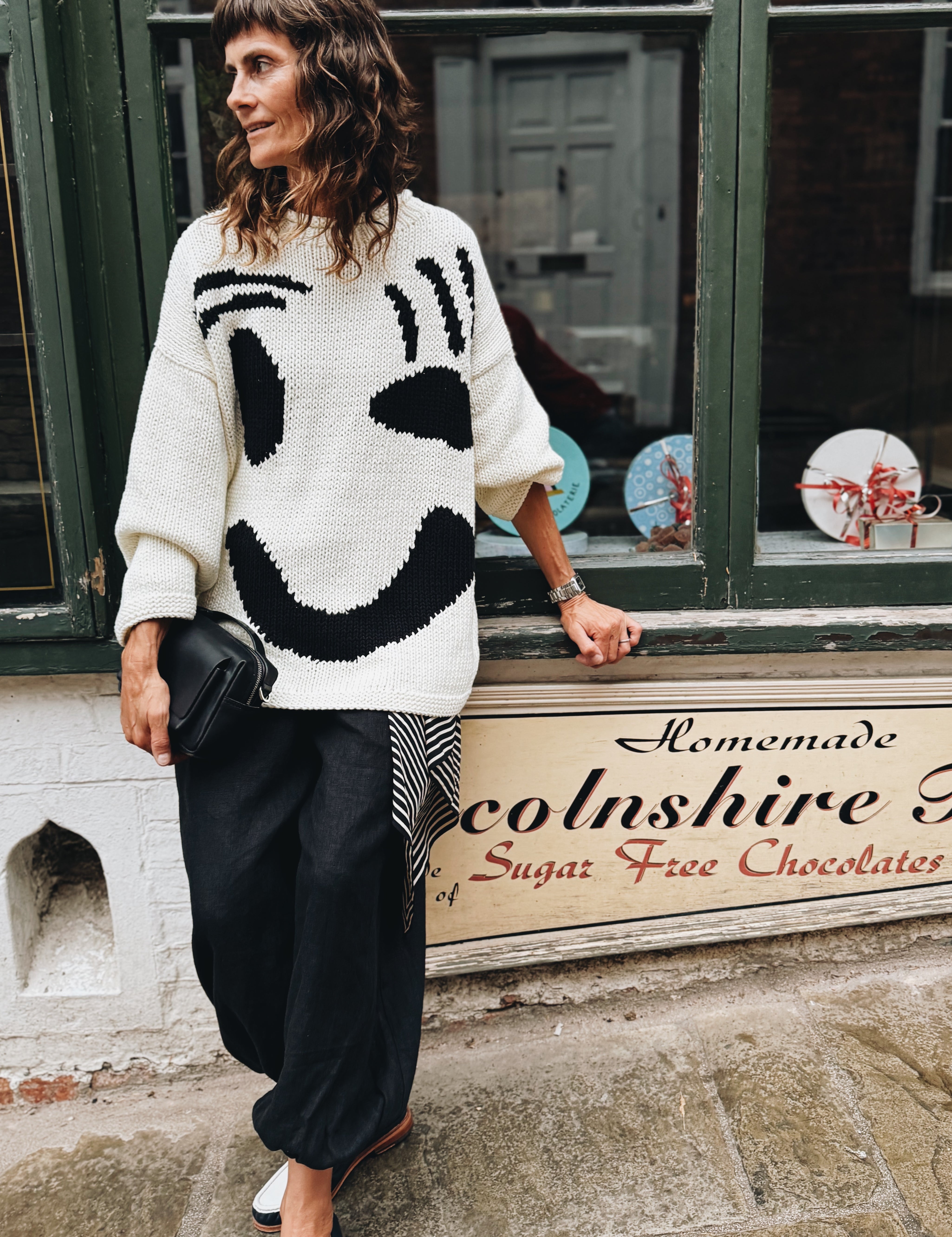 Feel Good hand knit jumper monochrome black and white front view