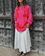 Feel Good hand knit jumper pink and red oversized cotton knit front view