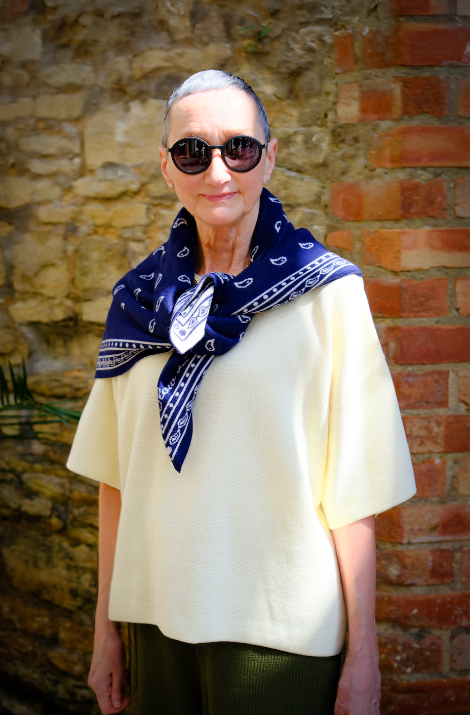 French Navy knitted bandana neck scarf by Slow Love Knitwear, made from soft merino wool
