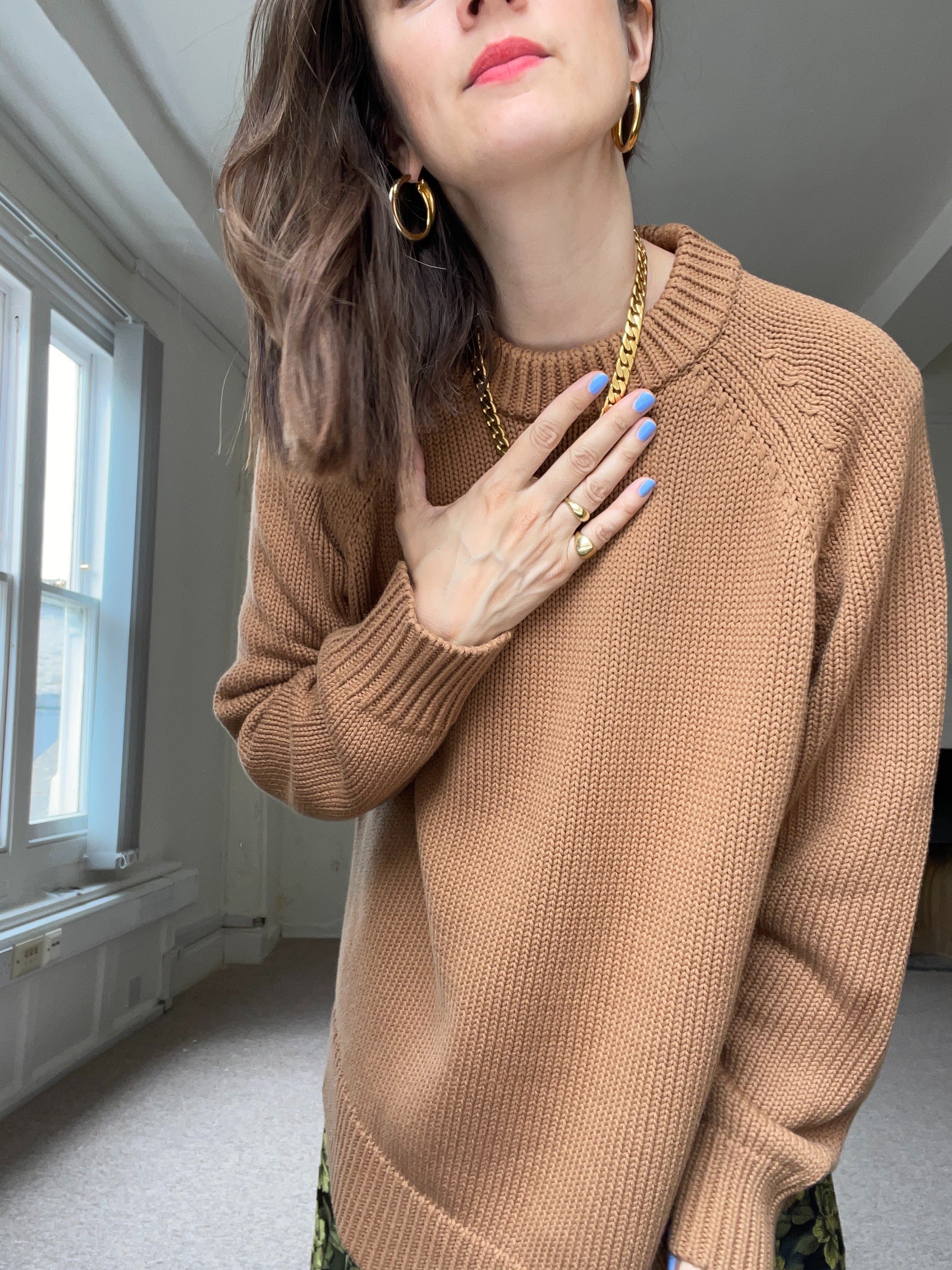 Close up of Hazelnut Staple Crew Jumper in 100% cotton by Slow Love Knitwear
