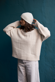 Boxy Oat Milk Aran Jumper with slightly ballooned sleeves in 100% cotton