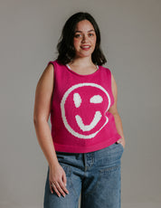 Relaxed boxy fit pink and white cotton knit tank top with sleeveless design