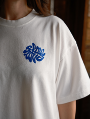 Close-up detail of the Psychedelic graphic on a heavyweight organic cotton oversized t-shirt.
