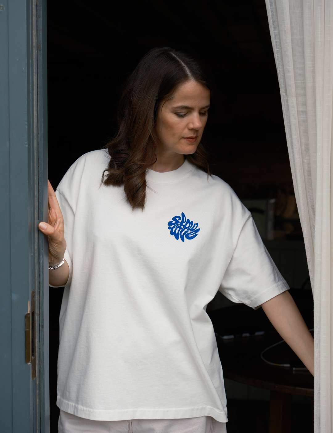 Model wearing the Psychedelic oversized boxy t-shirt with a relaxed fit and structured silhouette.