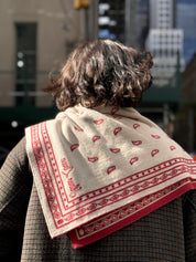 Slow Love red merino wool Bandana Scarf, a soft and warm knitted accessory for autumn and winter styling.