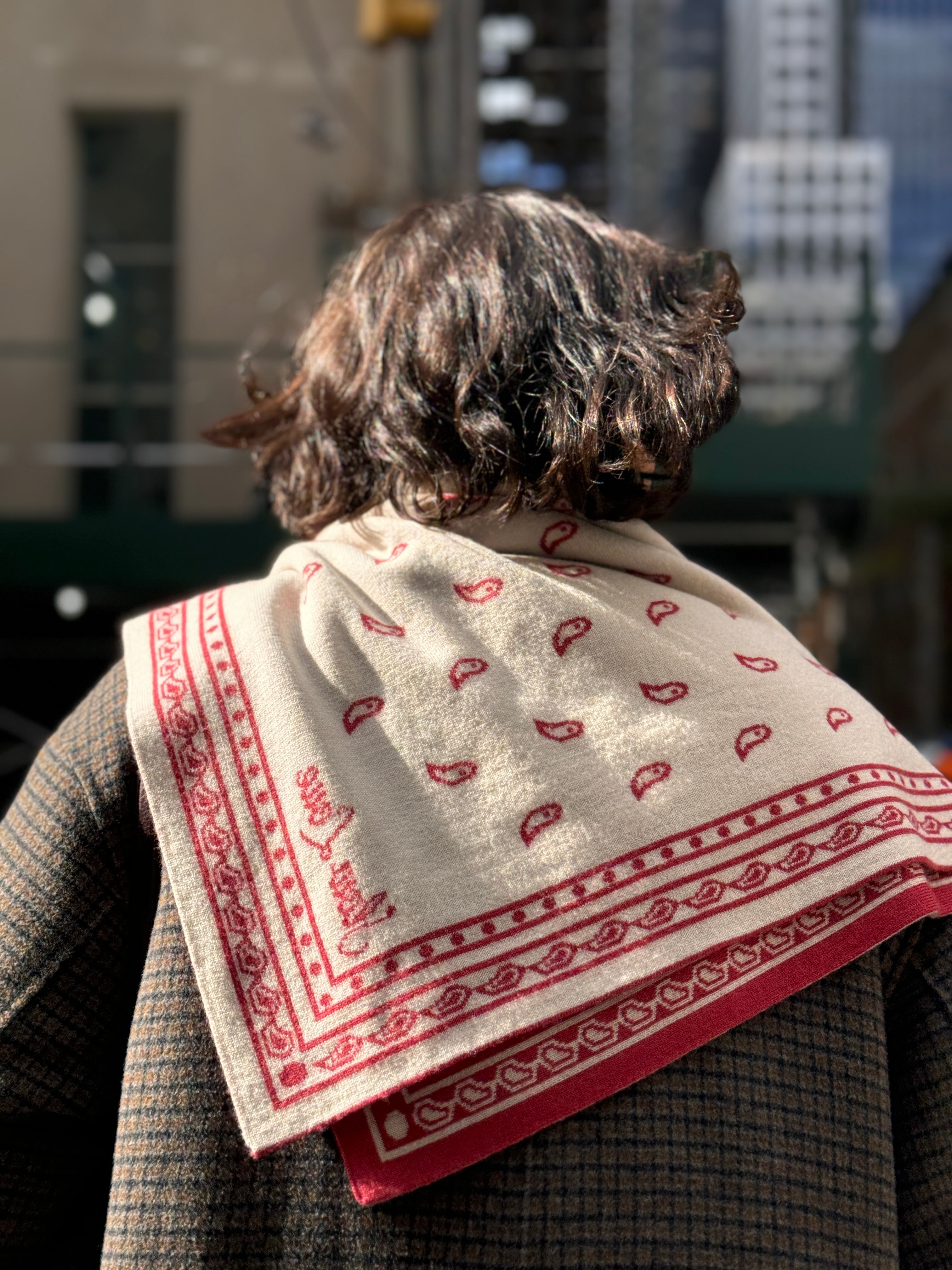 Slow Love red merino wool Bandana Scarf, a soft and warm knitted accessory for autumn and winter styling.