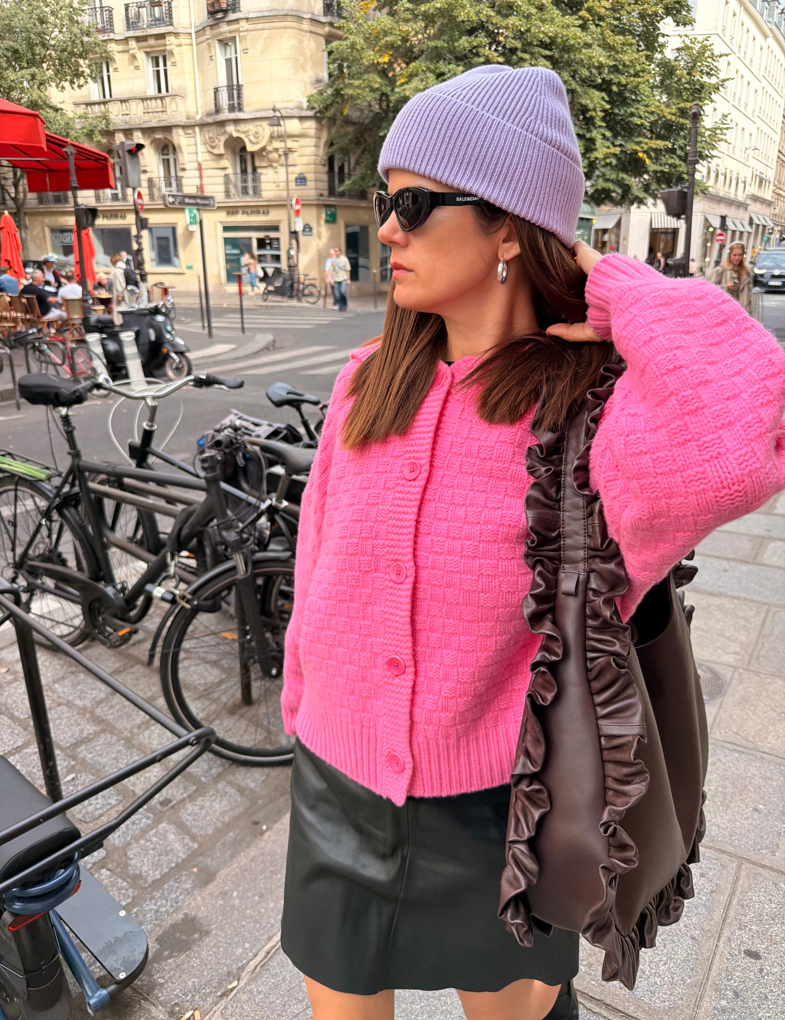 Bubblegum pink Slow Love cardigan with textured knit, sailor collar and tonal buttons