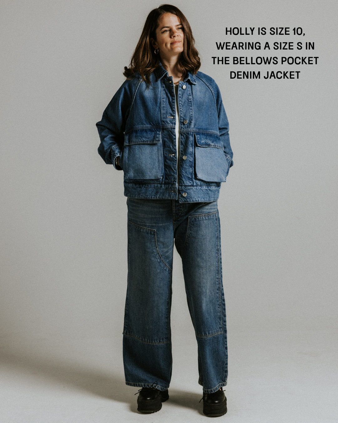 Model wearing the Slow Love Bellows Pocket Denim Jacket in cotton denim in size 10