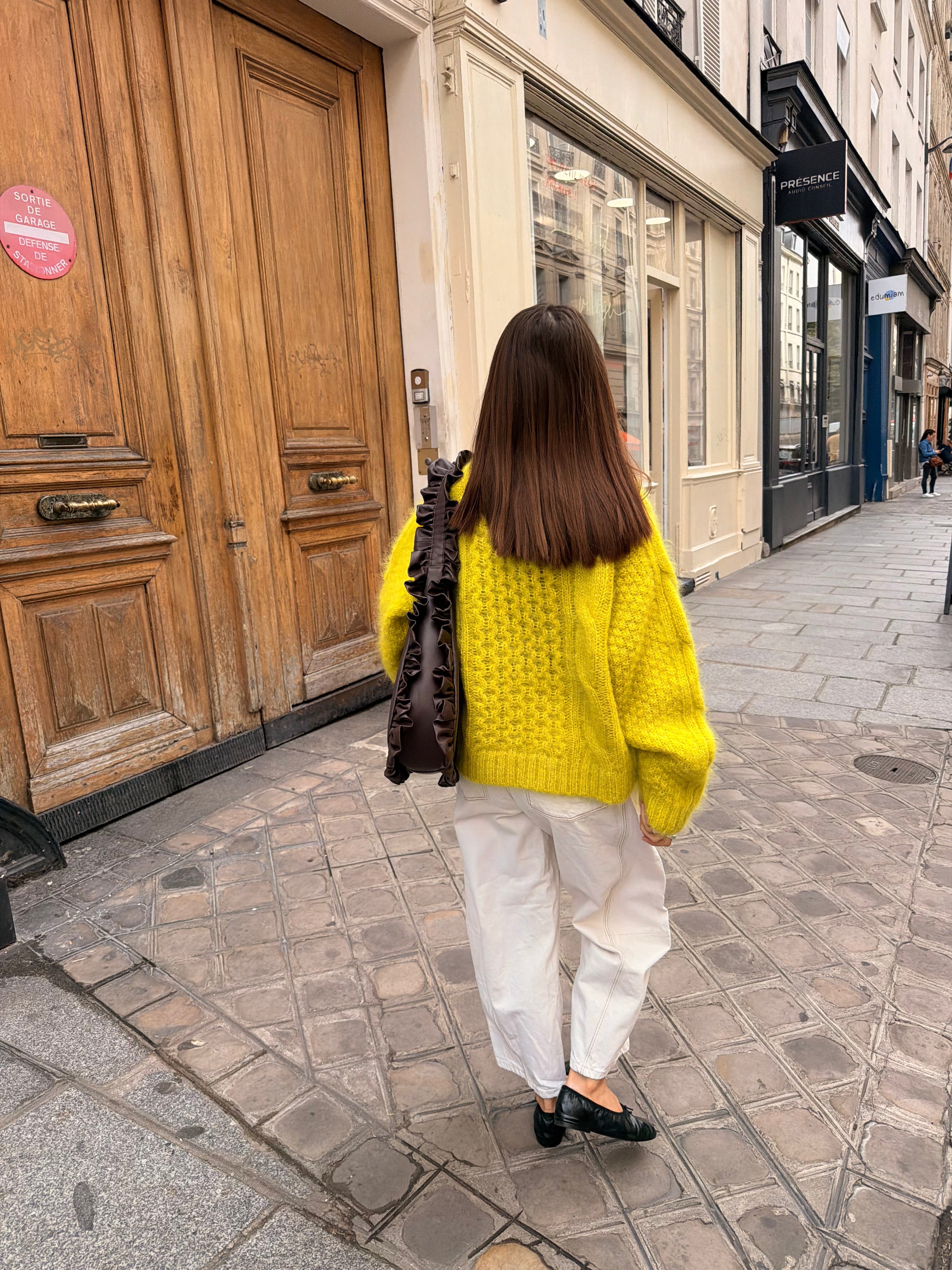 Bright chartreuse Slow Love mohair jumper with cropped fit and textured Aran knit