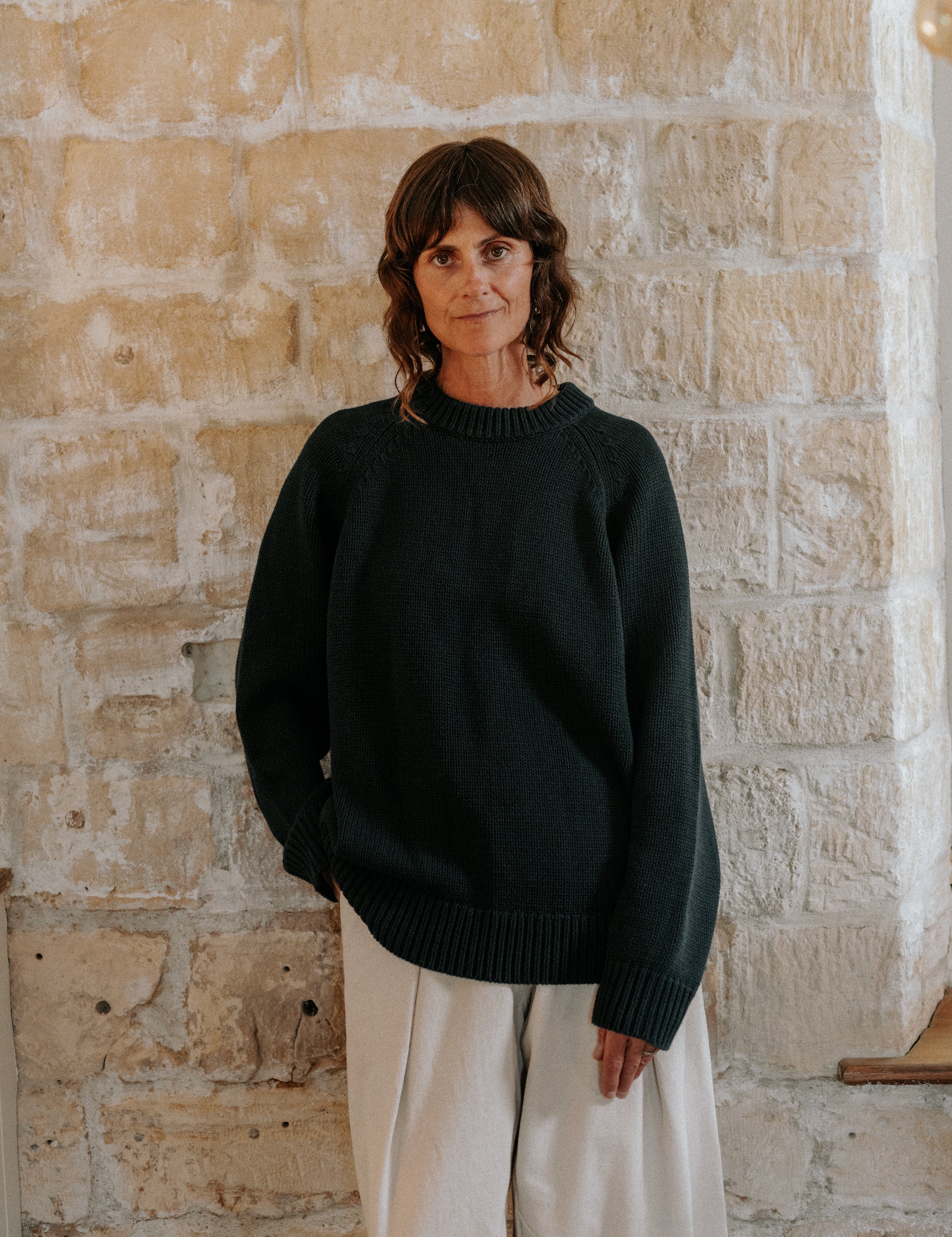 Charcoal Staple Crew Jumper in premium 100% cotton with a relaxed boxy silhouette by Slow Love Knitwear