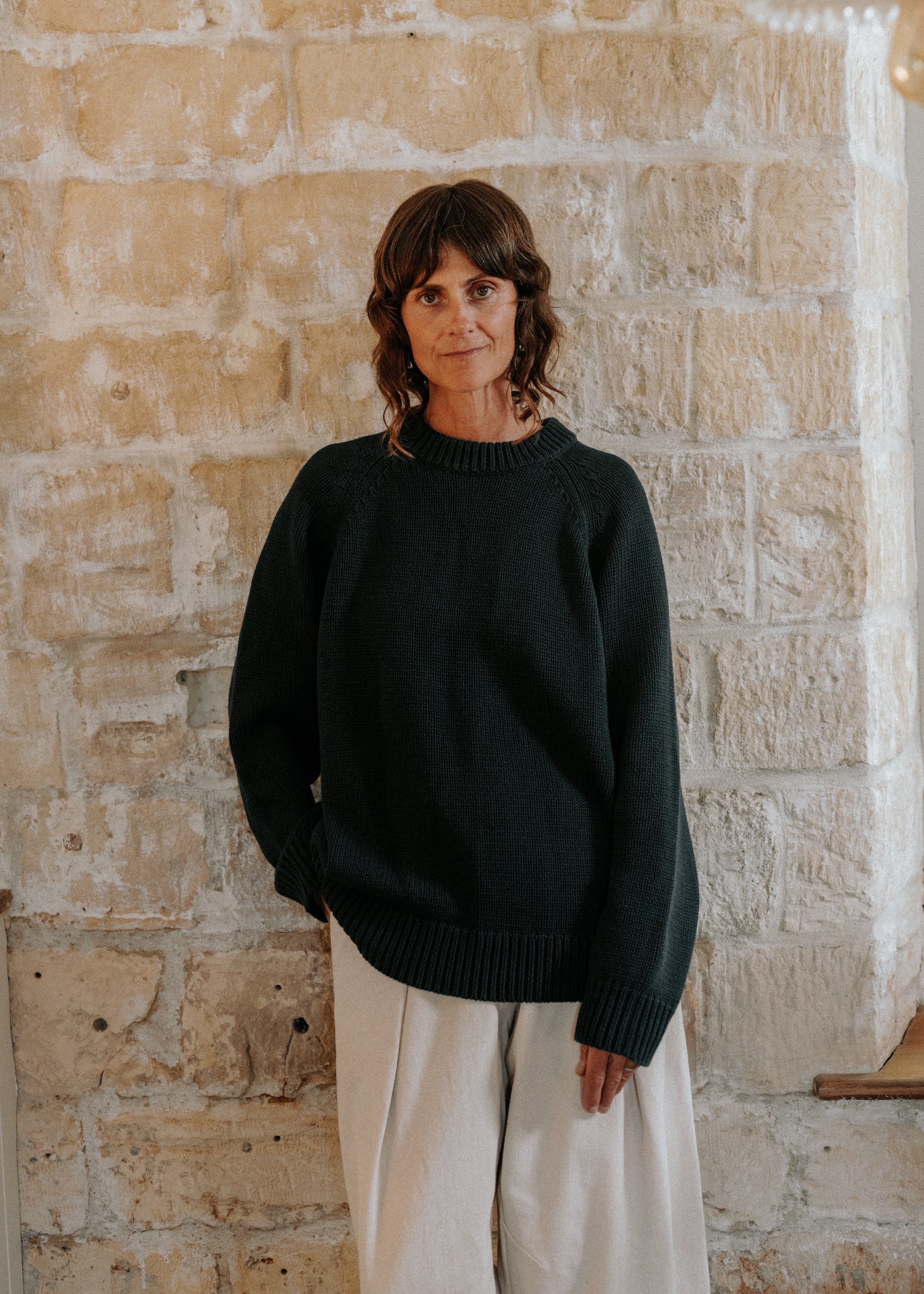 Charcoal Staple Crew Jumper in premium 100% cotton with a relaxed boxy silhouette by Slow Love Knitwear