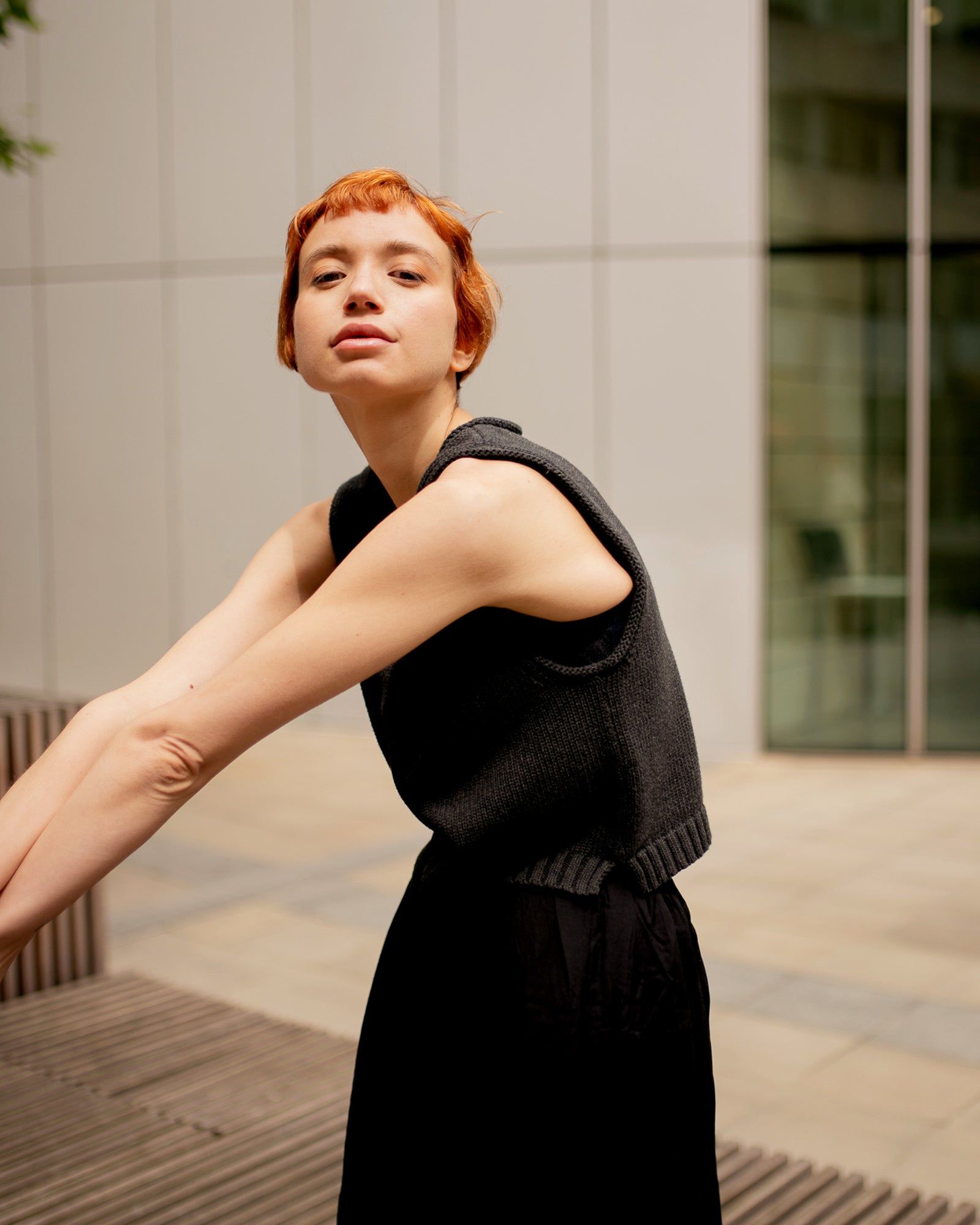 Charcoal cotton Staple Tank by The Slow Love, featuring a mid-weight knitted texture, dropped armholes and a boxy shape for effortless everyday styling.