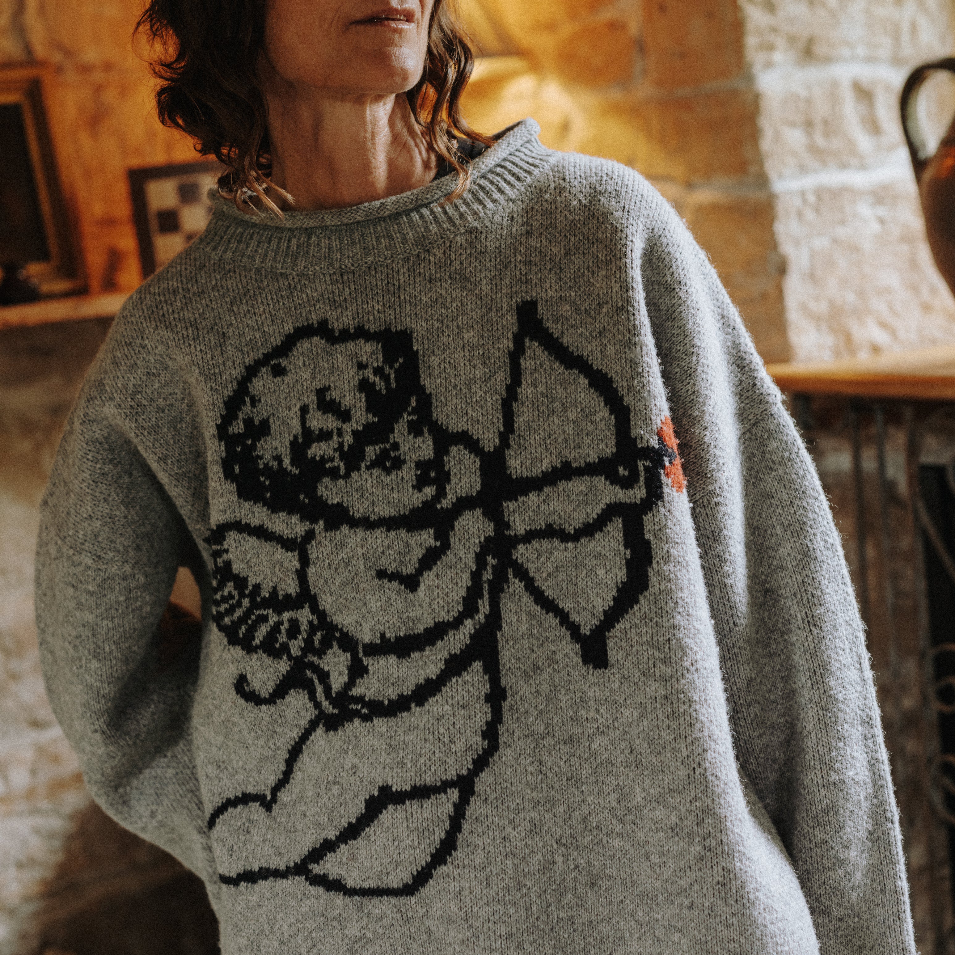 Cherub Wool Jumper in 100% RWS certified wool with a distinctive cherub motif by Slow Love Knitwear