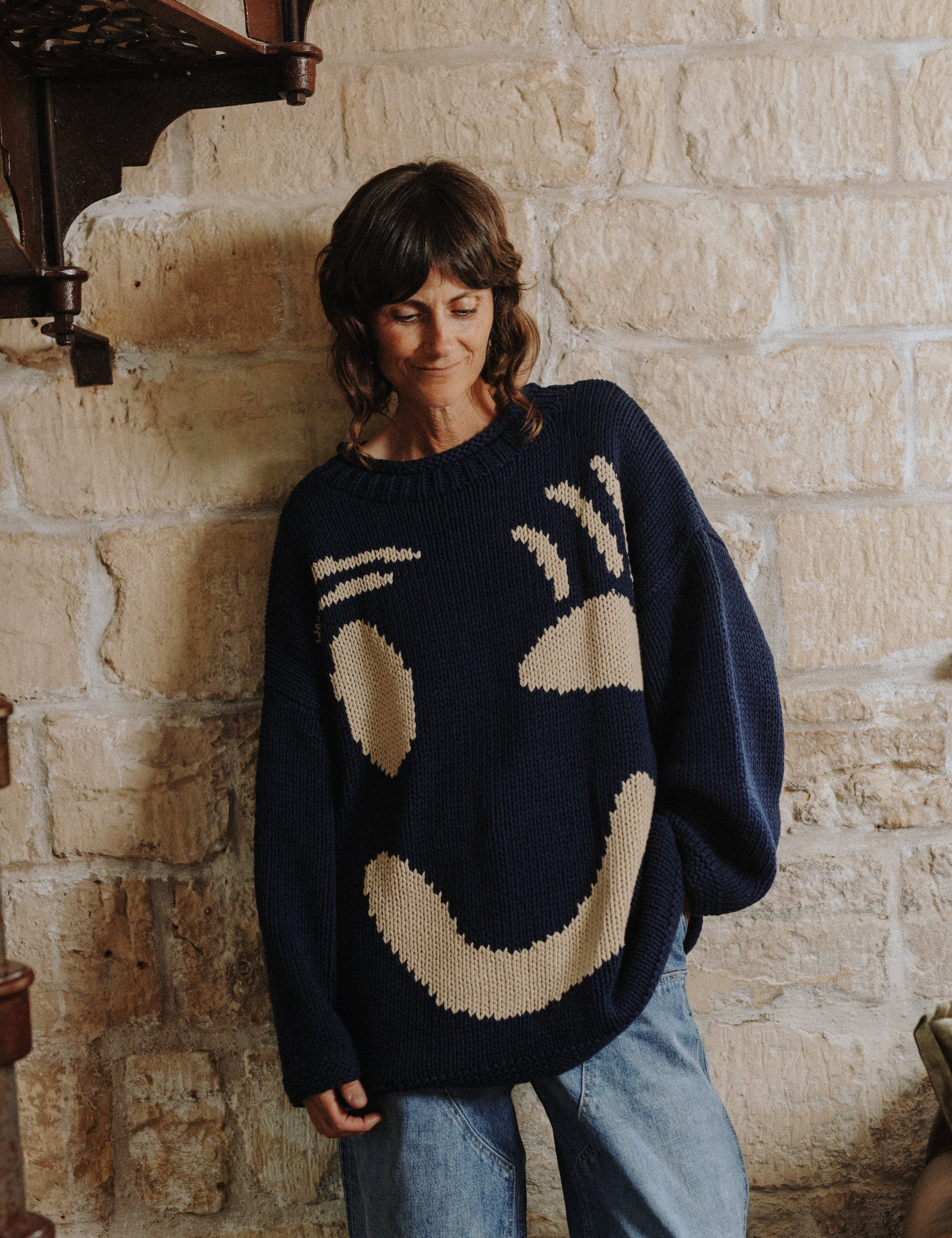 Navy Feel Good Hand Knit Jumper in 100% cotton with the distinctive Feel Good motif by Slow Love Knitwear