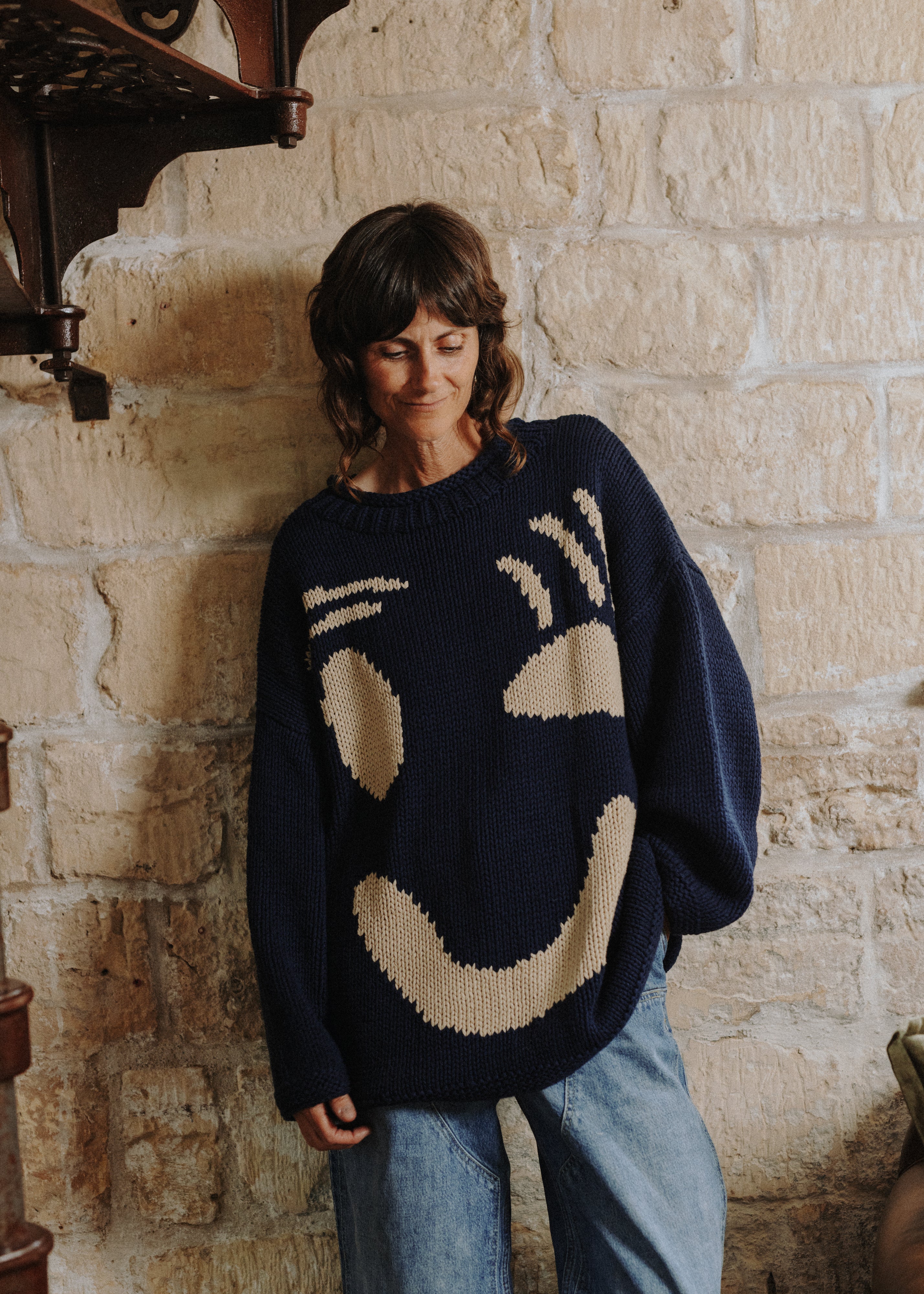 Navy Feel Good Hand Knit Jumper in 100% cotton with the distinctive Feel Good motif by Slow Love Knitwear
