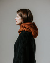 The Slow Love Fisherman Striped Merino Wool Hood in toffee and brown, knitted from 100% premium merino wool.