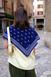 Slow Love Knitwear Bandana Scarf in French Navy, knitted from 100% merino wool