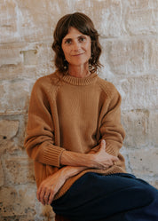 Close-up of the Feel Good motif on the Hazelnut Staple Crew Jumper