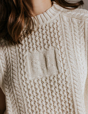 Close up of Aran inspired cotton knit texture on boxy tank top by Slow Love Knitwear 