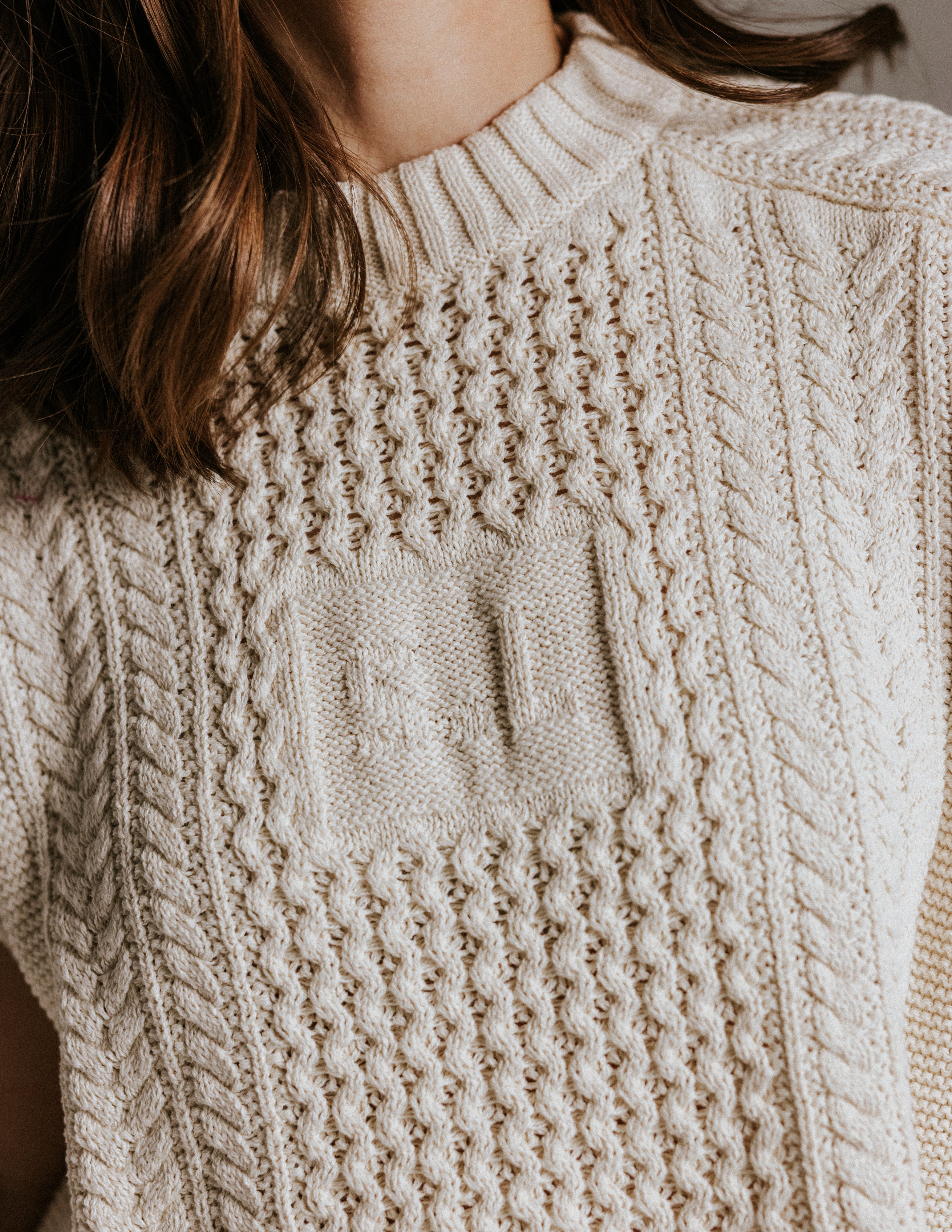 Close up of Aran inspired cotton knit texture on boxy tank top by Slow Love Knitwear 