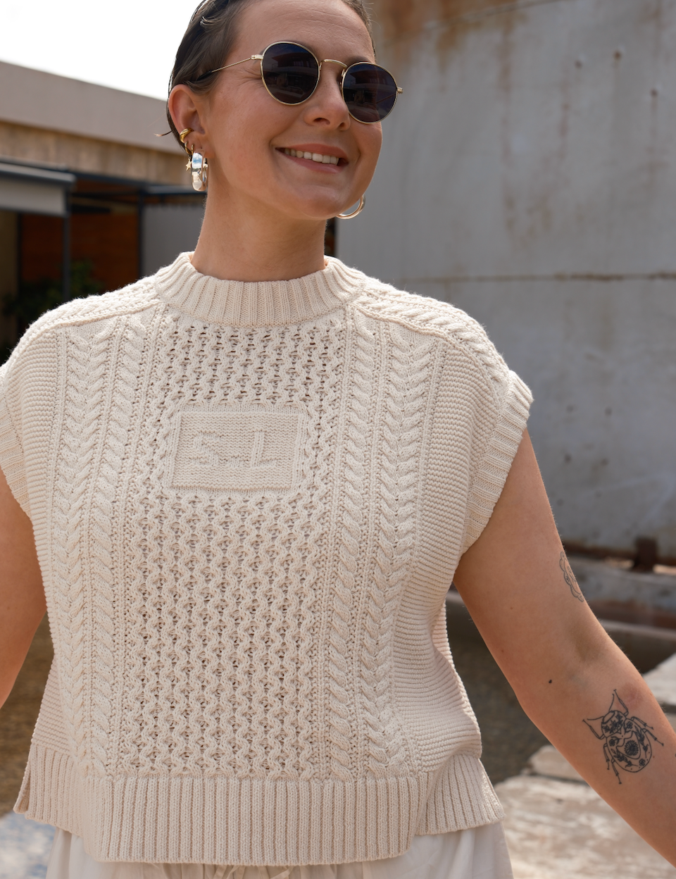 Slow Love Knitwear Aran tank top in 100% cotton with a boxy fit inspired by the bestselling Aran jumper