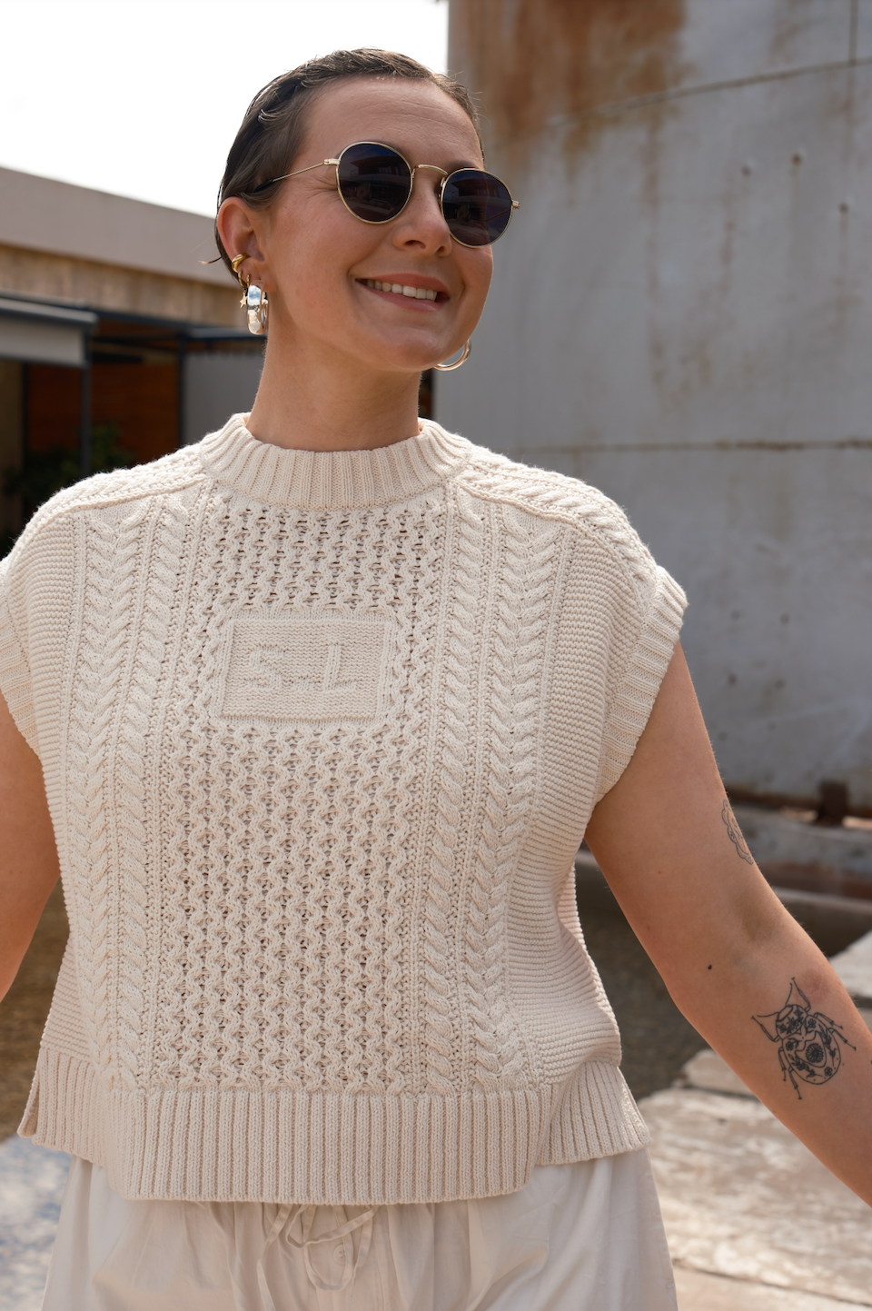 Slow Love Knitwear Aran tank top in 100% cotton with a boxy fit inspired by the bestselling Aran jumper