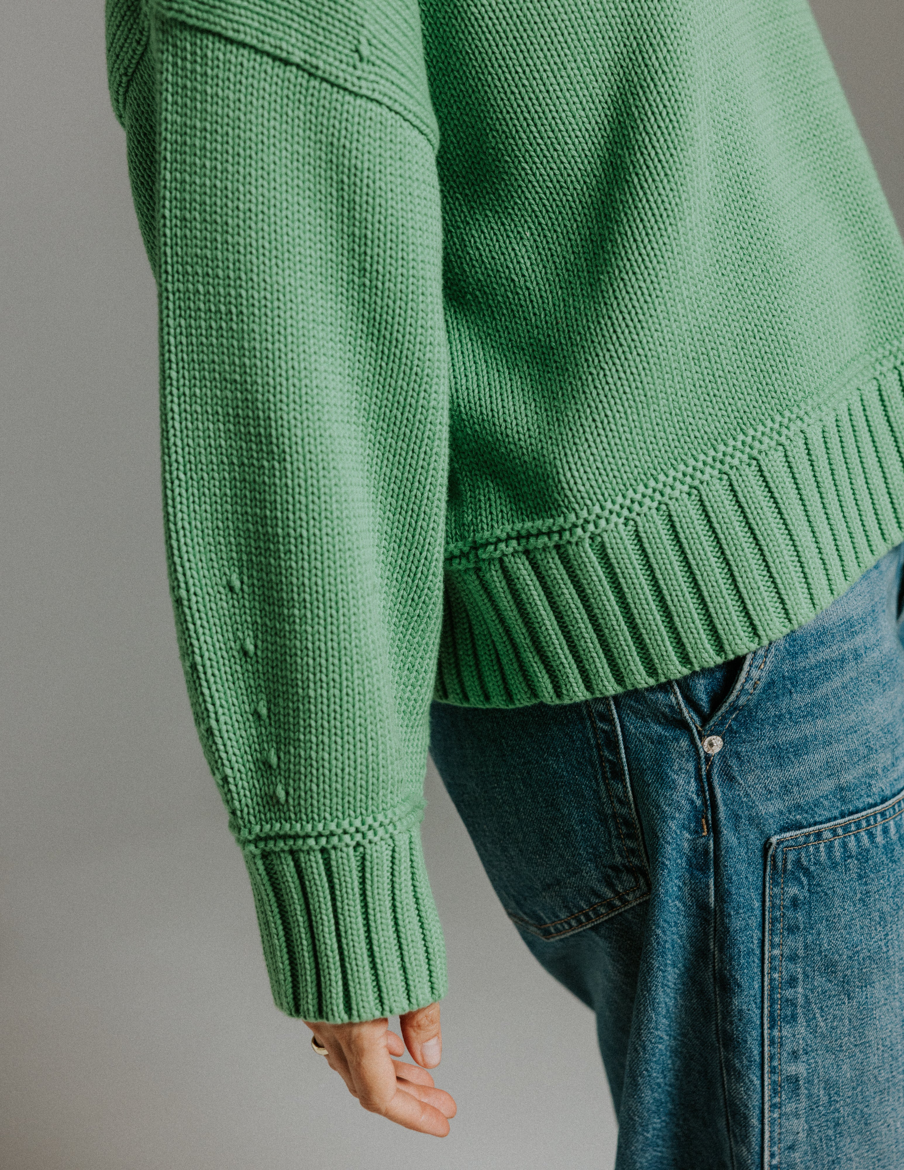 Detail of balloon sleeve on 100 percent cotton knit jumper by Slow Love Knitwear