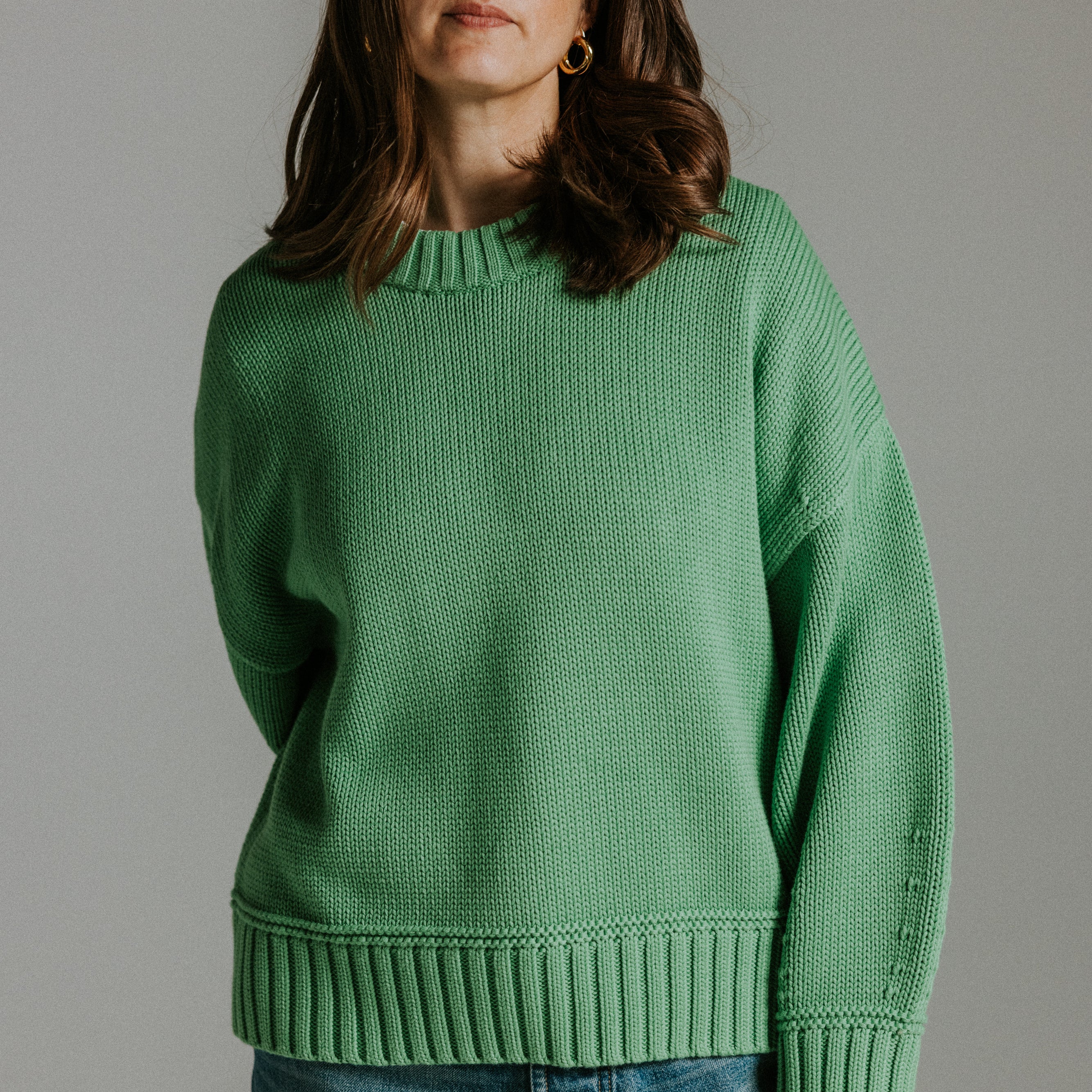 Oversized boxy cotton knit green jumper with balloon sleeves by Slow Love Knitwear