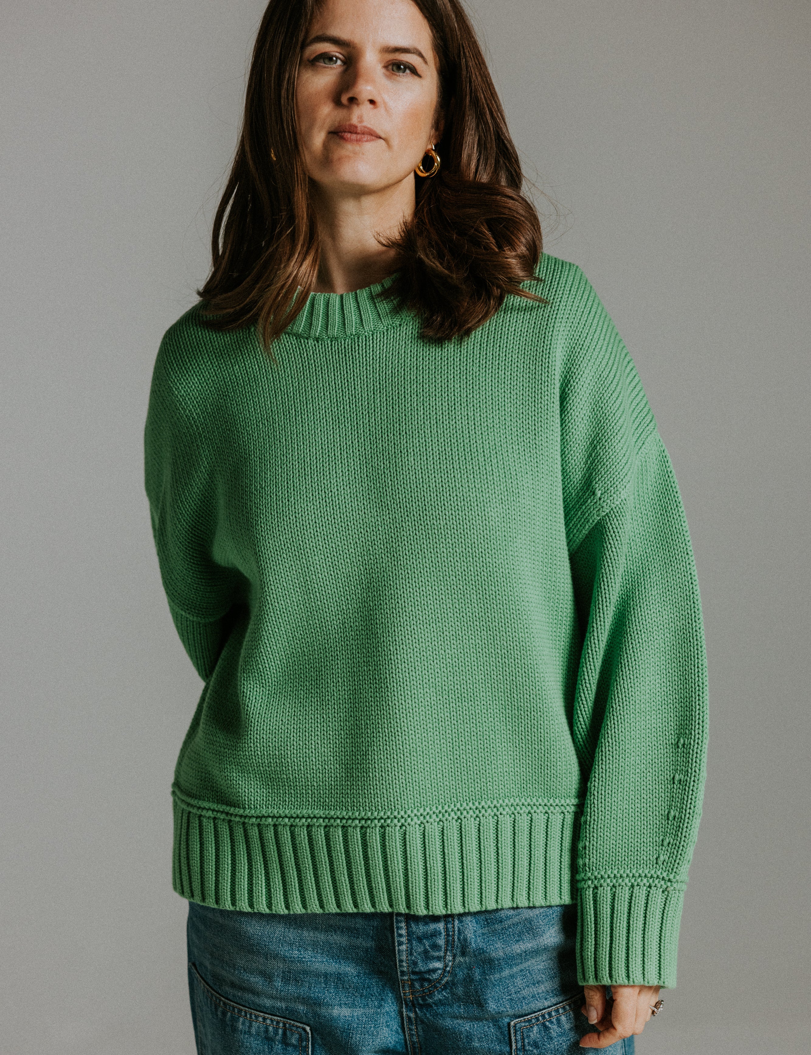 Oversized boxy cotton knit green jumper with balloon sleeves by Slow Love Knitwear