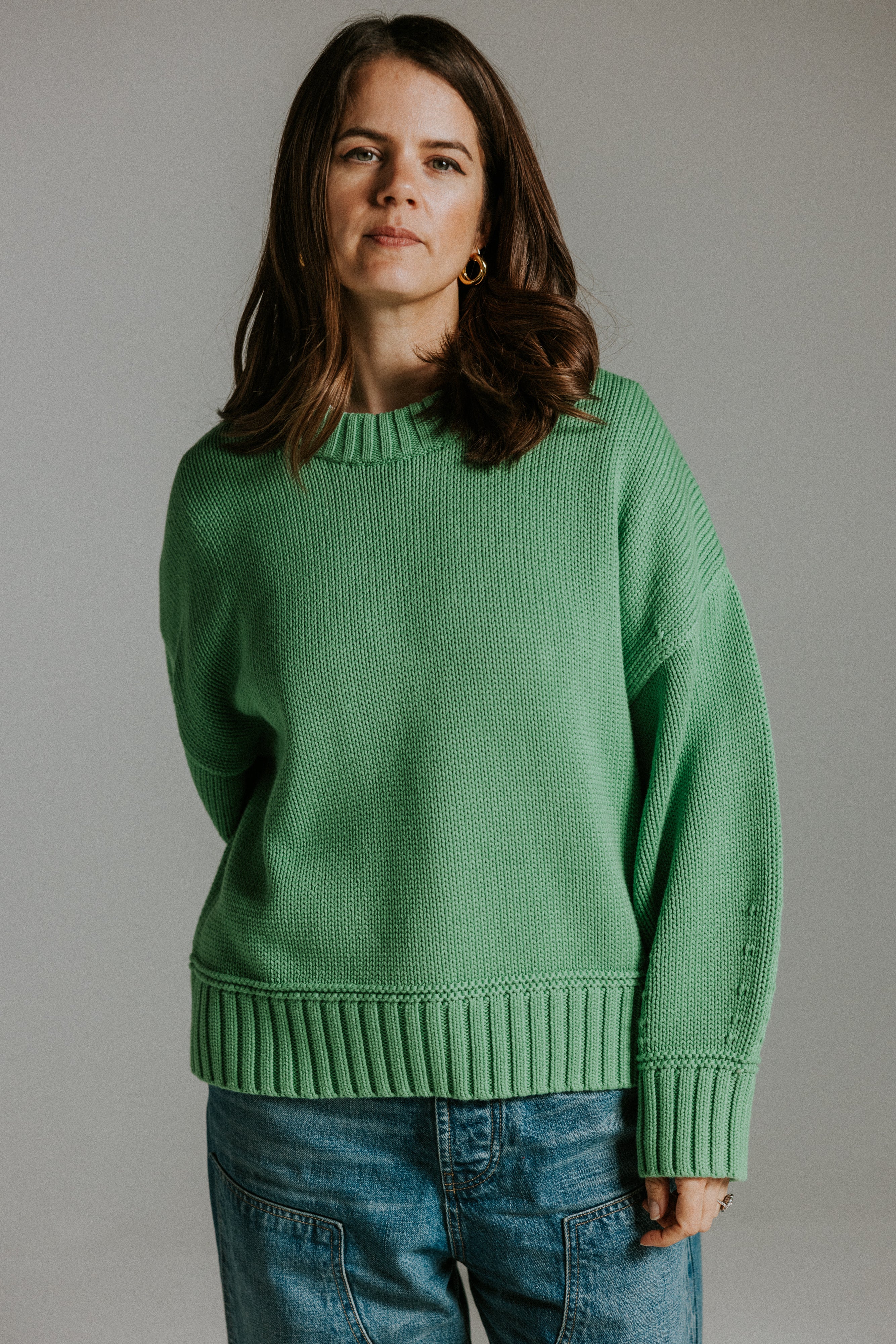 Oversized boxy cotton knit green jumper with balloon sleeves by Slow Love Knitwear