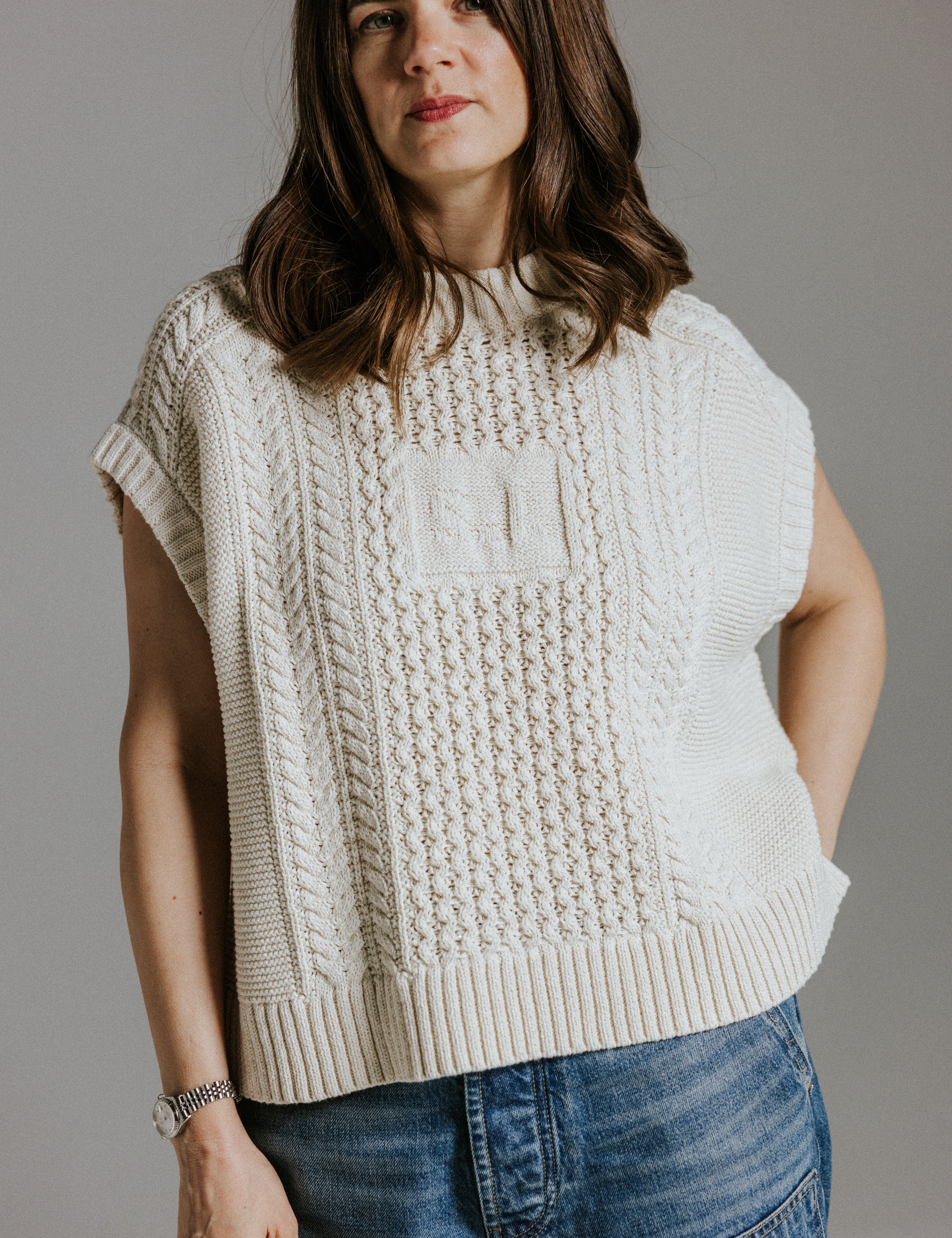 Boxy 100 percent cotton knit tank top by Slow Love Knitwear inspired by sell-out Aran jumper