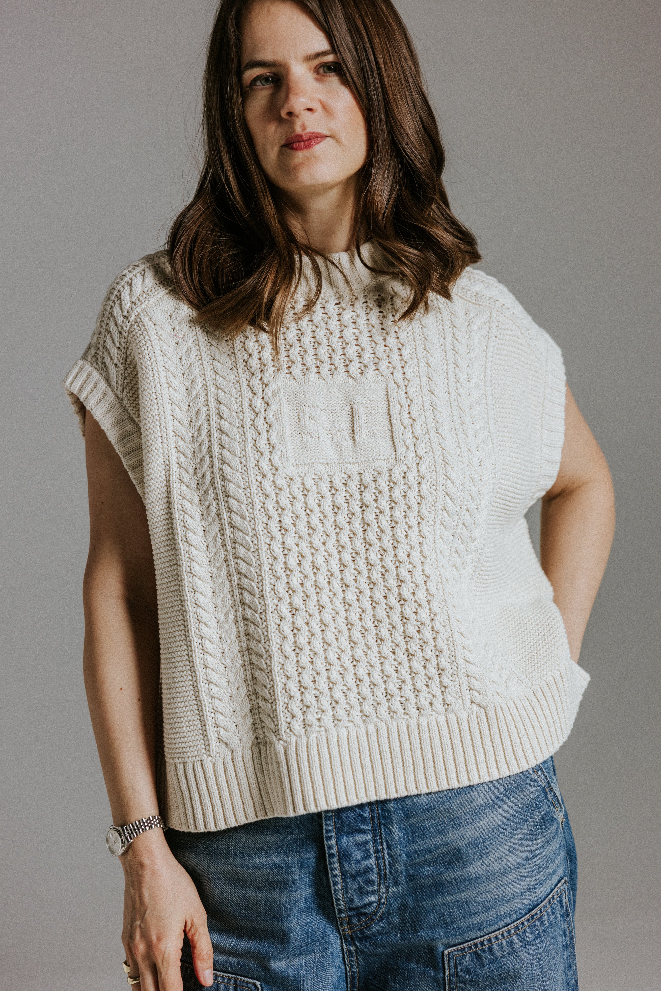 Boxy 100 percent cotton knit tank top by Slow Love Knitwear inspired by sell-out Aran jumper